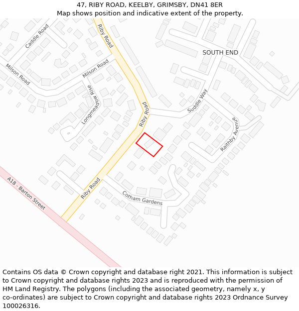 47, RIBY ROAD, KEELBY, GRIMSBY, DN41 8ER: Location map and indicative extent of plot