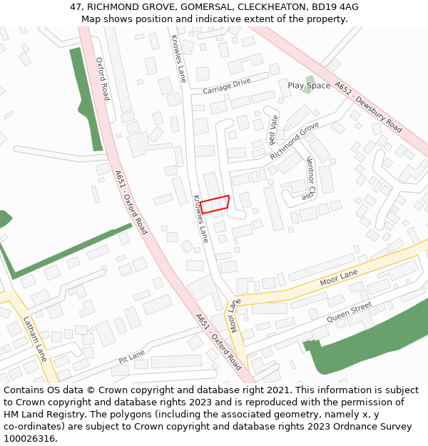 47, RICHMOND GROVE, GOMERSAL, CLECKHEATON, BD19 4AG: Location map and indicative extent of plot