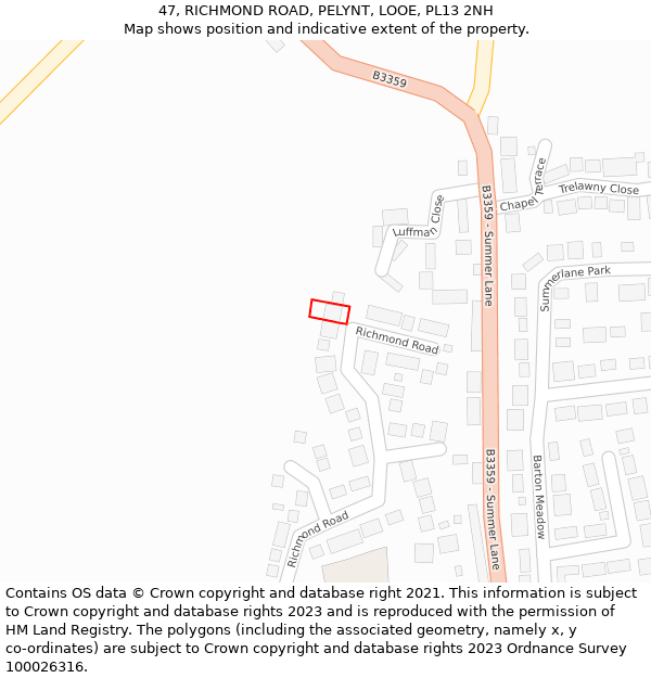 47, RICHMOND ROAD, PELYNT, LOOE, PL13 2NH: Location map and indicative extent of plot