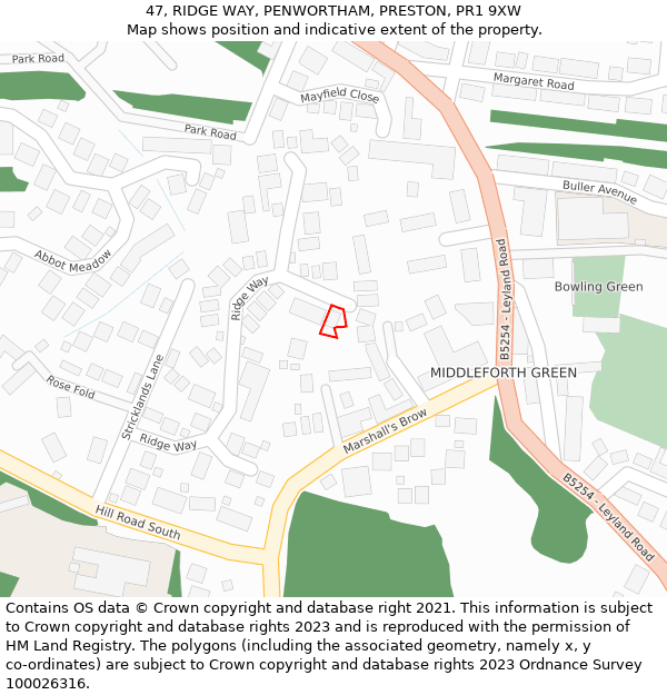 47, RIDGE WAY, PENWORTHAM, PRESTON, PR1 9XW: Location map and indicative extent of plot