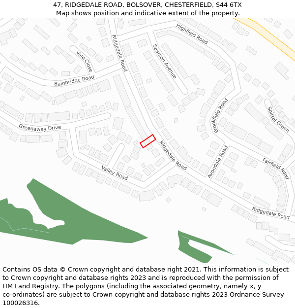 47, RIDGEDALE ROAD, BOLSOVER, CHESTERFIELD, S44 6TX: Location map and indicative extent of plot