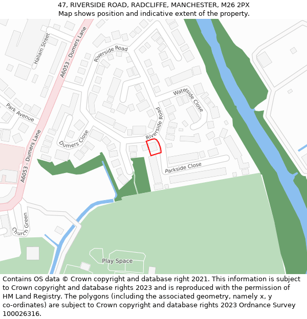 47, RIVERSIDE ROAD, RADCLIFFE, MANCHESTER, M26 2PX: Location map and indicative extent of plot