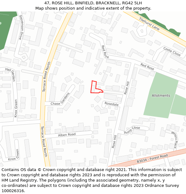 47, ROSE HILL, BINFIELD, BRACKNELL, RG42 5LH: Location map and indicative extent of plot
