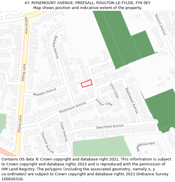 47, ROSEMOUNT AVENUE, PREESALL, POULTON-LE-FYLDE, FY6 0EY: Location map and indicative extent of plot
