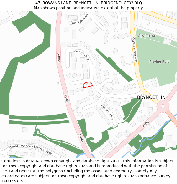 47, ROWANS LANE, BRYNCETHIN, BRIDGEND, CF32 9LQ: Location map and indicative extent of plot