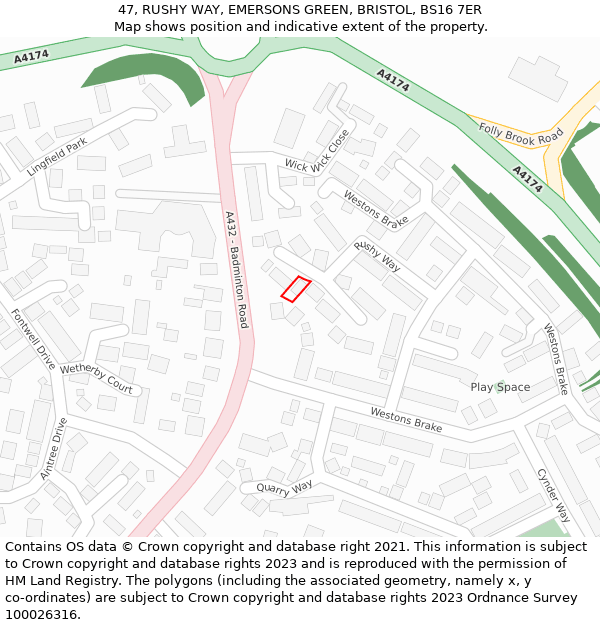 47, RUSHY WAY, EMERSONS GREEN, BRISTOL, BS16 7ER: Location map and indicative extent of plot