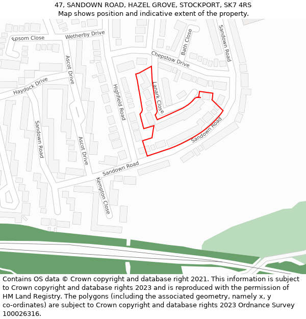 47, SANDOWN ROAD, HAZEL GROVE, STOCKPORT, SK7 4RS: Location map and indicative extent of plot