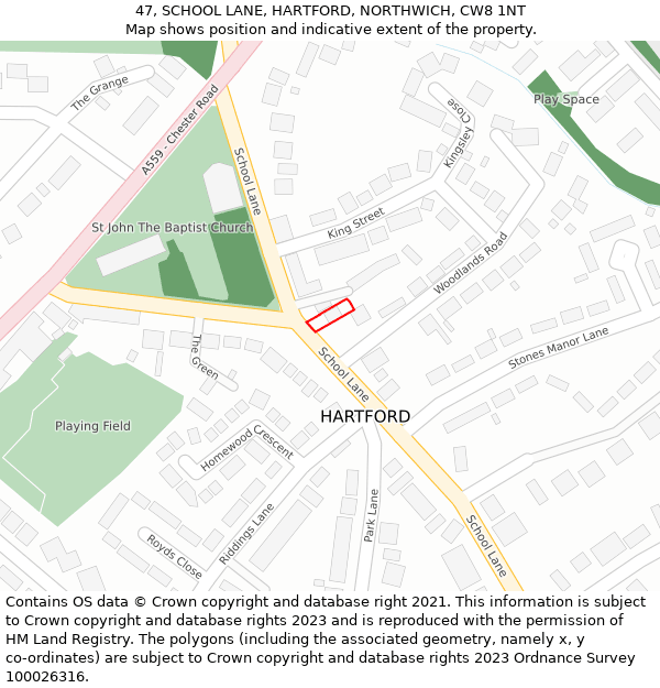 47, SCHOOL LANE, HARTFORD, NORTHWICH, CW8 1NT: Location map and indicative extent of plot