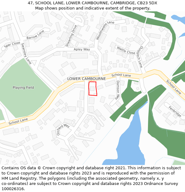 47, SCHOOL LANE, LOWER CAMBOURNE, CAMBRIDGE, CB23 5DX: Location map and indicative extent of plot