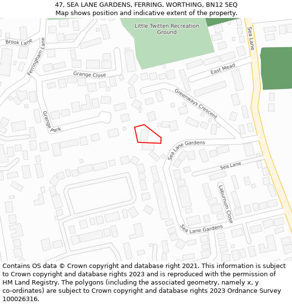 47, SEA LANE GARDENS, FERRING, WORTHING, BN12 5EQ: Location map and indicative extent of plot