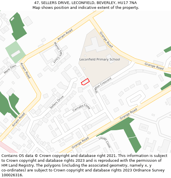 47, SELLERS DRIVE, LECONFIELD, BEVERLEY, HU17 7NA: Location map and indicative extent of plot