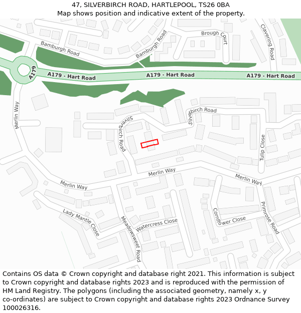 47, SILVERBIRCH ROAD, HARTLEPOOL, TS26 0BA: Location map and indicative extent of plot