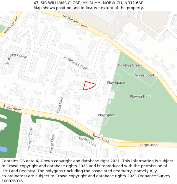 47, SIR WILLIAMS CLOSE, AYLSHAM, NORWICH, NR11 6AP: Location map and indicative extent of plot