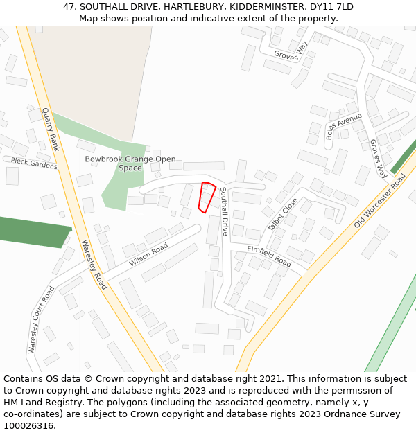 47, SOUTHALL DRIVE, HARTLEBURY, KIDDERMINSTER, DY11 7LD: Location map and indicative extent of plot
