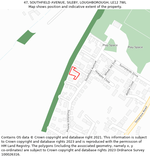 47, SOUTHFIELD AVENUE, SILEBY, LOUGHBOROUGH, LE12 7WL: Location map and indicative extent of plot
