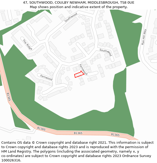 47, SOUTHWOOD, COULBY NEWHAM, MIDDLESBROUGH, TS8 0UE: Location map and indicative extent of plot
