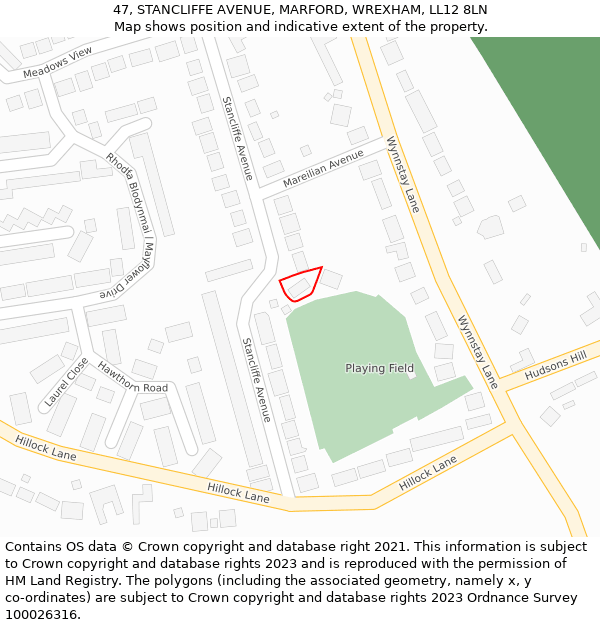 47, STANCLIFFE AVENUE, MARFORD, WREXHAM, LL12 8LN: Location map and indicative extent of plot