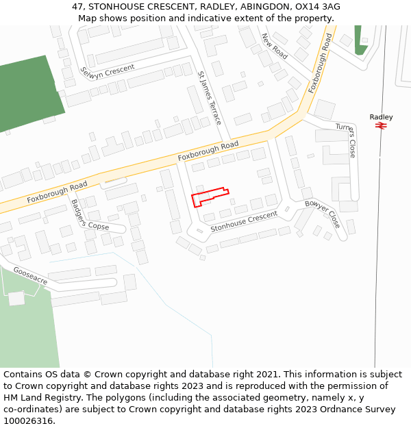 47, STONHOUSE CRESCENT, RADLEY, ABINGDON, OX14 3AG: Location map and indicative extent of plot