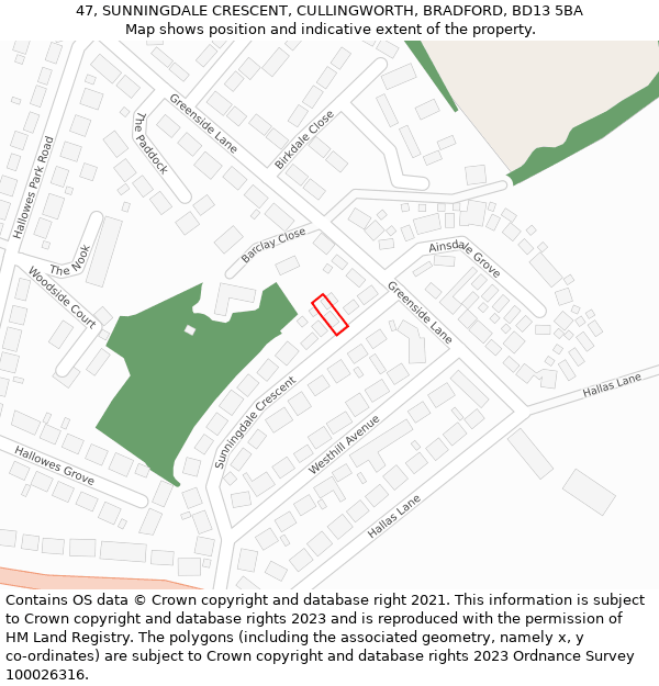 47, SUNNINGDALE CRESCENT, CULLINGWORTH, BRADFORD, BD13 5BA: Location map and indicative extent of plot