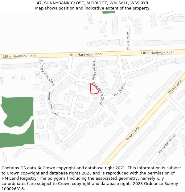 47, SUNNYBANK CLOSE, ALDRIDGE, WALSALL, WS9 0YR: Location map and indicative extent of plot