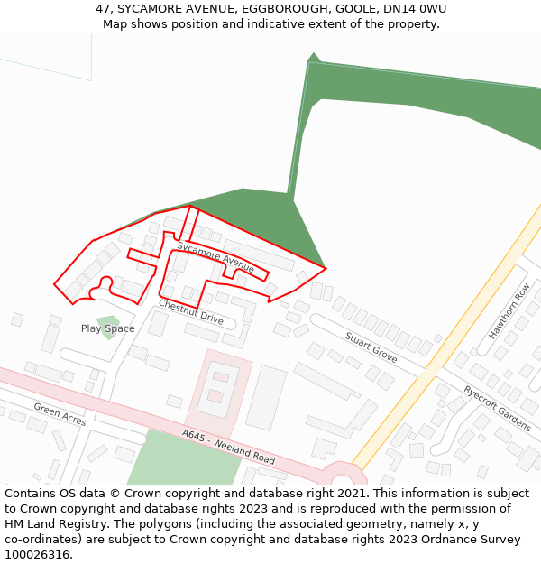 47, SYCAMORE AVENUE, EGGBOROUGH, GOOLE, DN14 0WU: Location map and indicative extent of plot