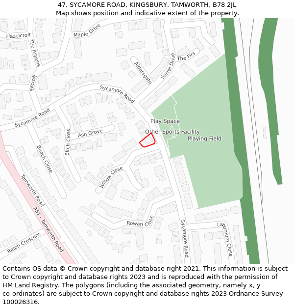 47, SYCAMORE ROAD, KINGSBURY, TAMWORTH, B78 2JL: Location map and indicative extent of plot