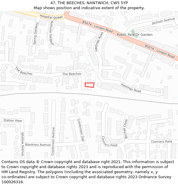 47, THE BEECHES, NANTWICH, CW5 5YP: Location map and indicative extent of plot