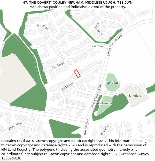 47, THE COVERT, COULBY NEWHAM, MIDDLESBROUGH, TS8 0WN: Location map and indicative extent of plot