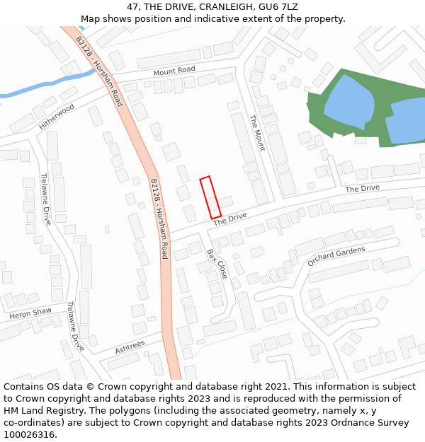 47, THE DRIVE, CRANLEIGH, GU6 7LZ: Location map and indicative extent of plot