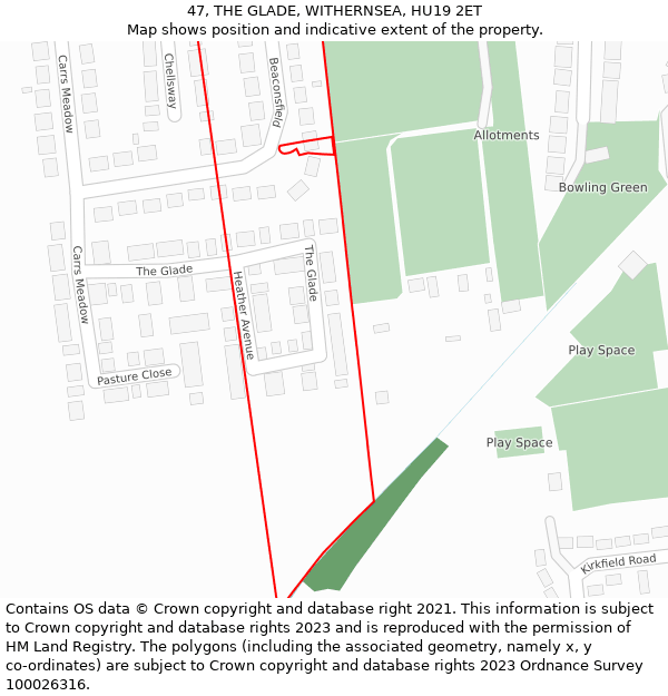 47, THE GLADE, WITHERNSEA, HU19 2ET: Location map and indicative extent of plot