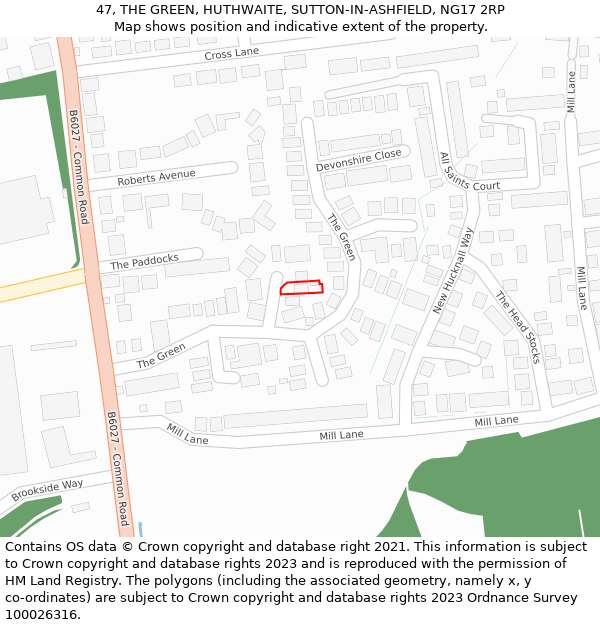 47, THE GREEN, HUTHWAITE, SUTTON-IN-ASHFIELD, NG17 2RP: Location map and indicative extent of plot