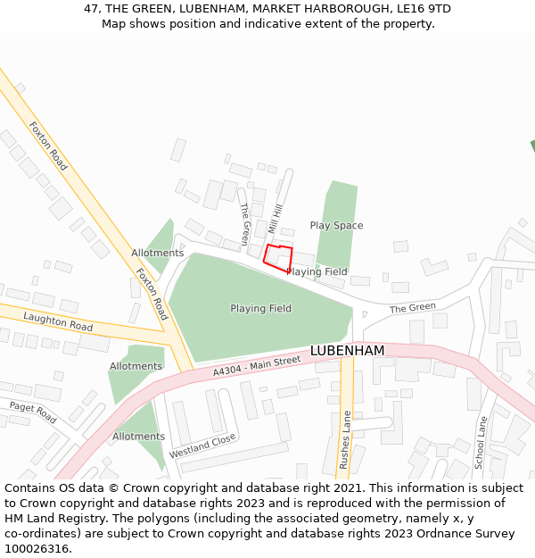 47, THE GREEN, LUBENHAM, MARKET HARBOROUGH, LE16 9TD: Location map and indicative extent of plot