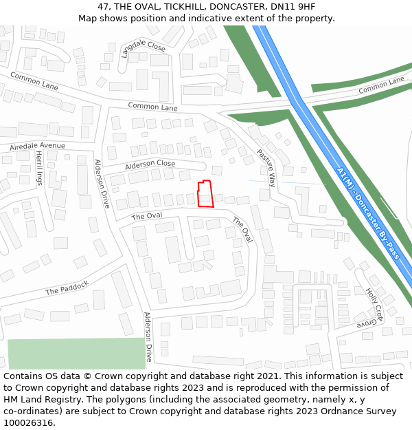 47, THE OVAL, TICKHILL, DONCASTER, DN11 9HF: Location map and indicative extent of plot