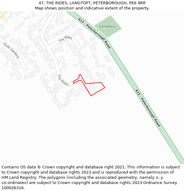 47, THE RIDES, LANGTOFT, PETERBOROUGH, PE6 9RR: Location map and indicative extent of plot