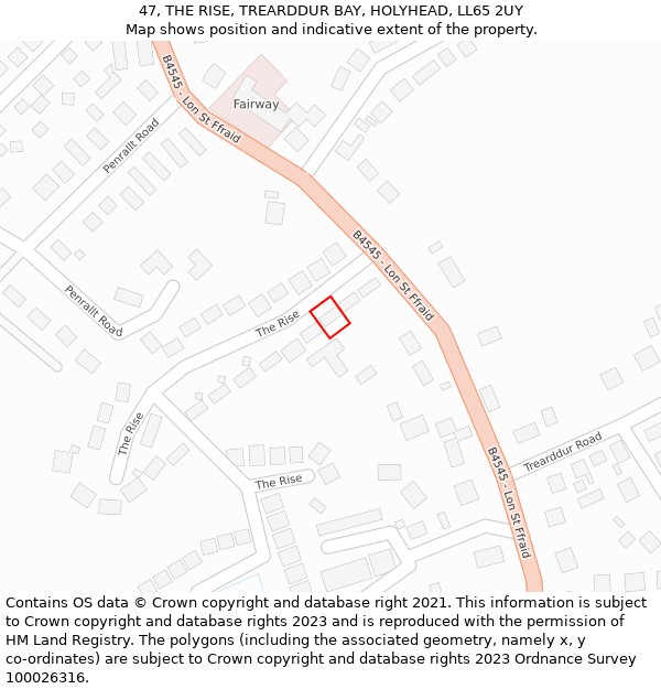47, THE RISE, TREARDDUR BAY, HOLYHEAD, LL65 2UY: Location map and indicative extent of plot