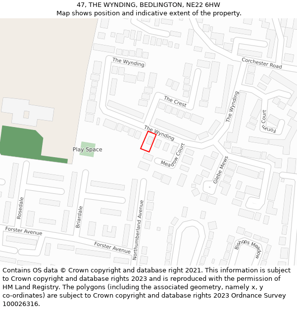 47, THE WYNDING, BEDLINGTON, NE22 6HW: Location map and indicative extent of plot