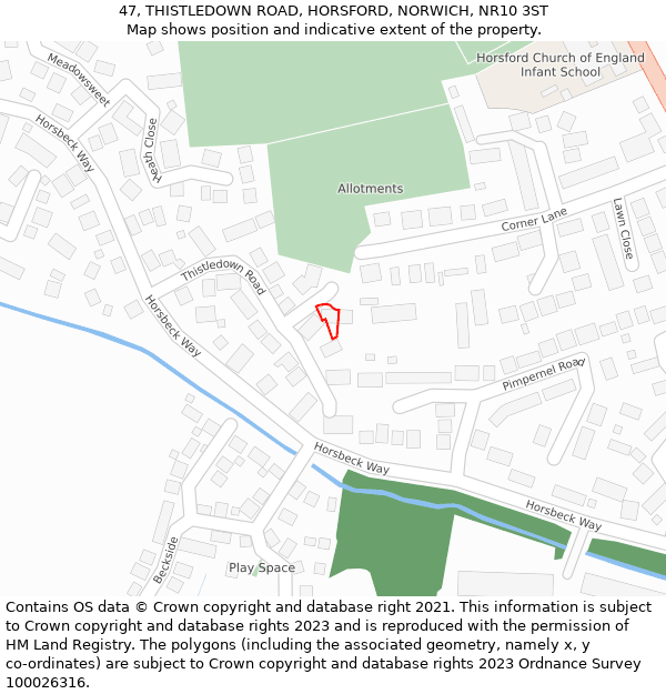 47, THISTLEDOWN ROAD, HORSFORD, NORWICH, NR10 3ST: Location map and indicative extent of plot