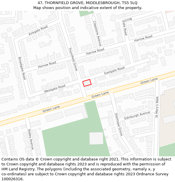 47, THORNFIELD GROVE, MIDDLESBROUGH, TS5 5LQ: Location map and indicative extent of plot