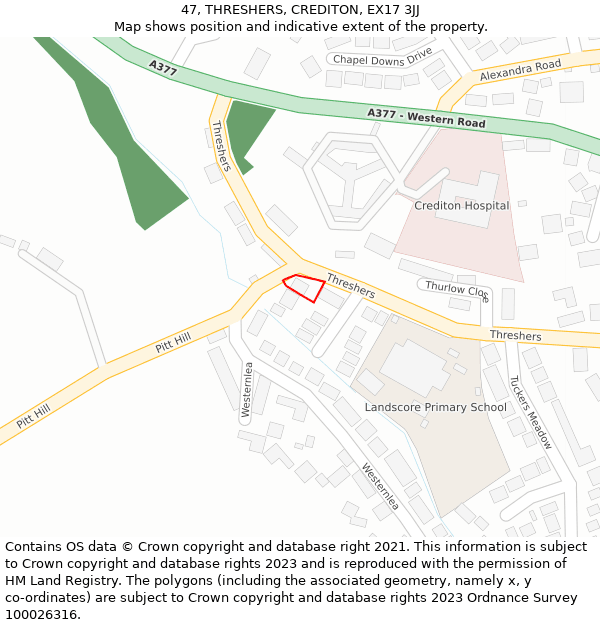 47, THRESHERS, CREDITON, EX17 3JJ: Location map and indicative extent of plot
