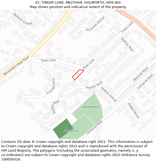 47, TINKER LANE, MELTHAM, HOLMFIRTH, HD9 4EX: Location map and indicative extent of plot