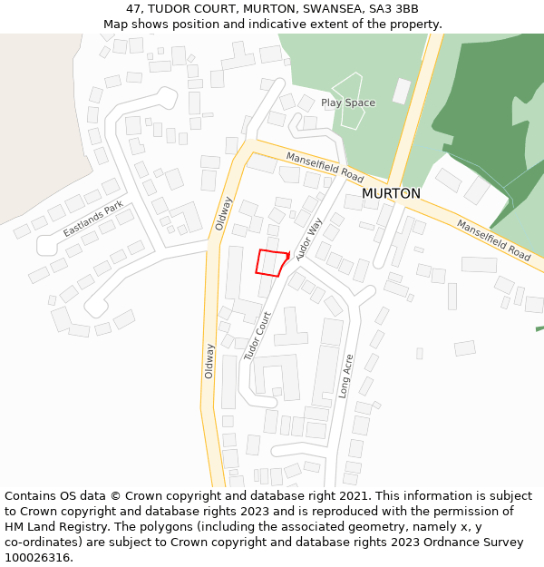 47, TUDOR COURT, MURTON, SWANSEA, SA3 3BB: Location map and indicative extent of plot