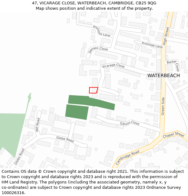 47, VICARAGE CLOSE, WATERBEACH, CAMBRIDGE, CB25 9QG: Location map and indicative extent of plot