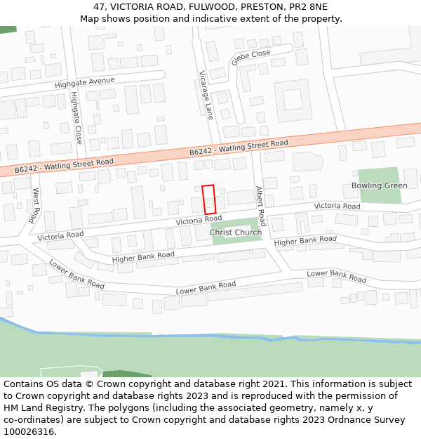 47, VICTORIA ROAD, FULWOOD, PRESTON, PR2 8NE: Location map and indicative extent of plot