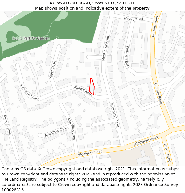 47, WALFORD ROAD, OSWESTRY, SY11 2LE: Location map and indicative extent of plot