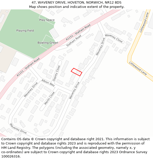 47, WAVENEY DRIVE, HOVETON, NORWICH, NR12 8DS: Location map and indicative extent of plot