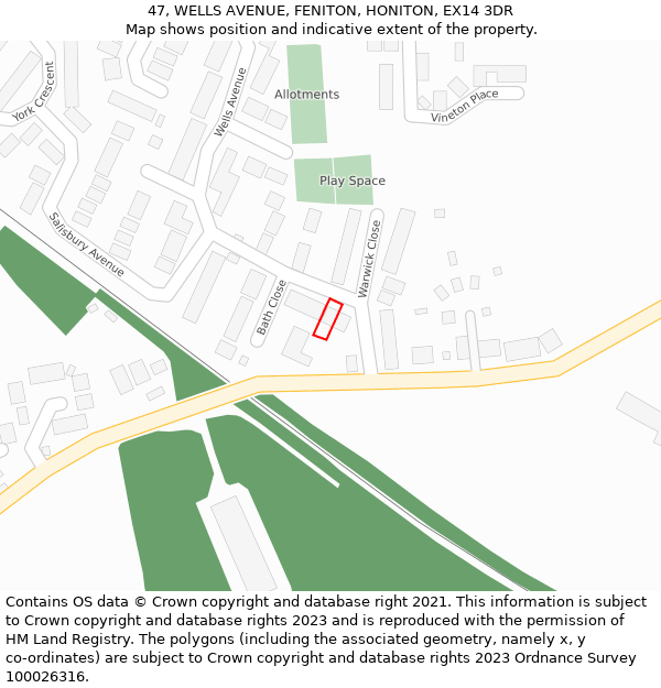 47, WELLS AVENUE, FENITON, HONITON, EX14 3DR: Location map and indicative extent of plot