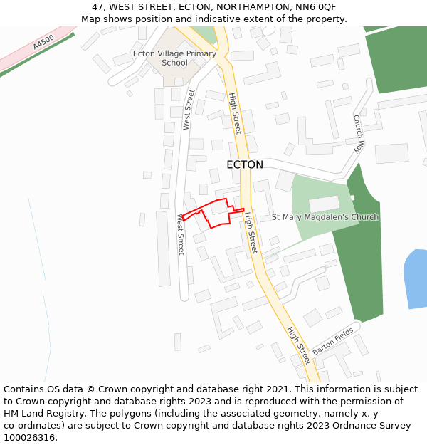 47, WEST STREET, ECTON, NORTHAMPTON, NN6 0QF: Location map and indicative extent of plot
