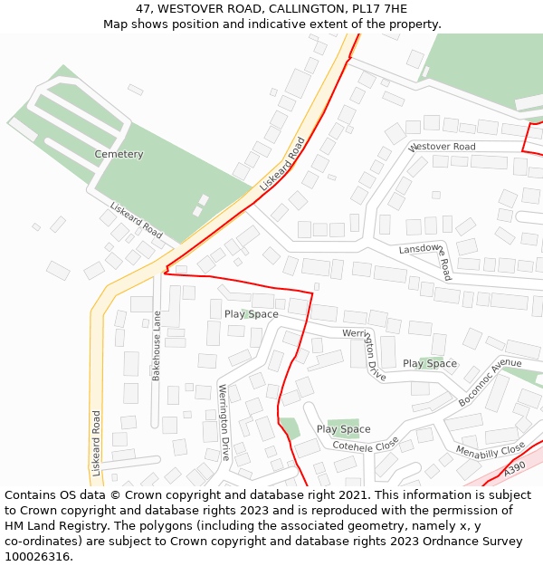 47, WESTOVER ROAD, CALLINGTON, PL17 7HE: Location map and indicative extent of plot