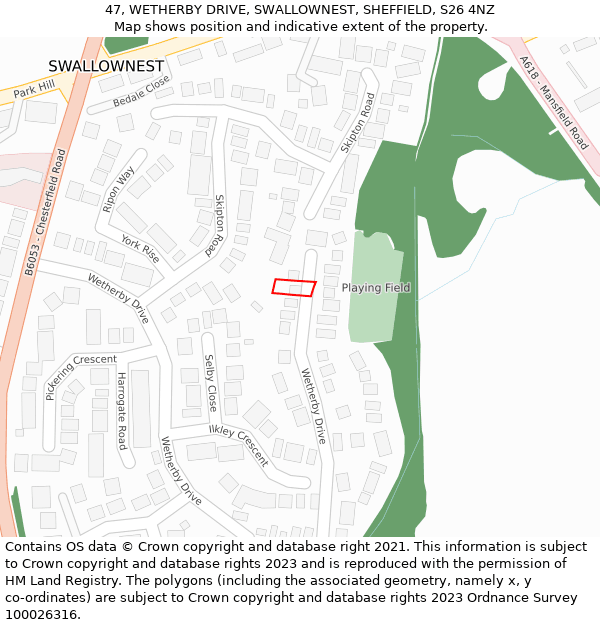 47, WETHERBY DRIVE, SWALLOWNEST, SHEFFIELD, S26 4NZ: Location map and indicative extent of plot