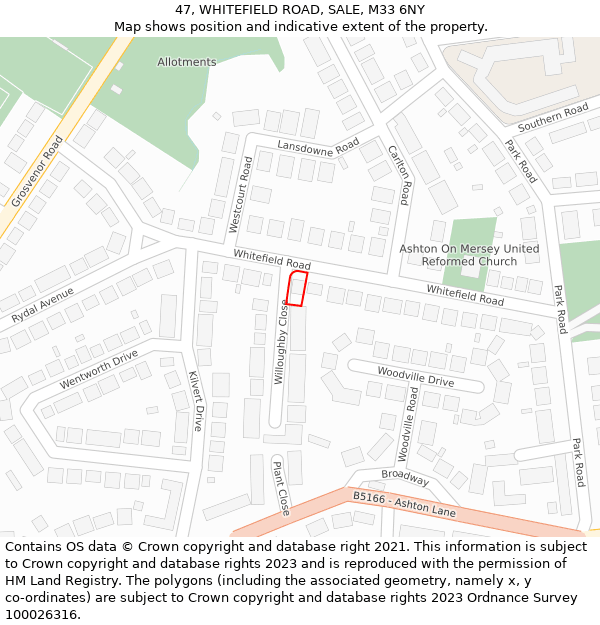 47, WHITEFIELD ROAD, SALE, M33 6NY: Location map and indicative extent of plot
